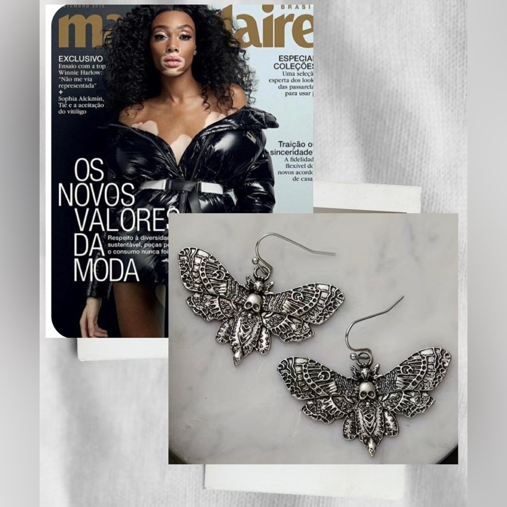 Silver Skull Moth Drop Earrings